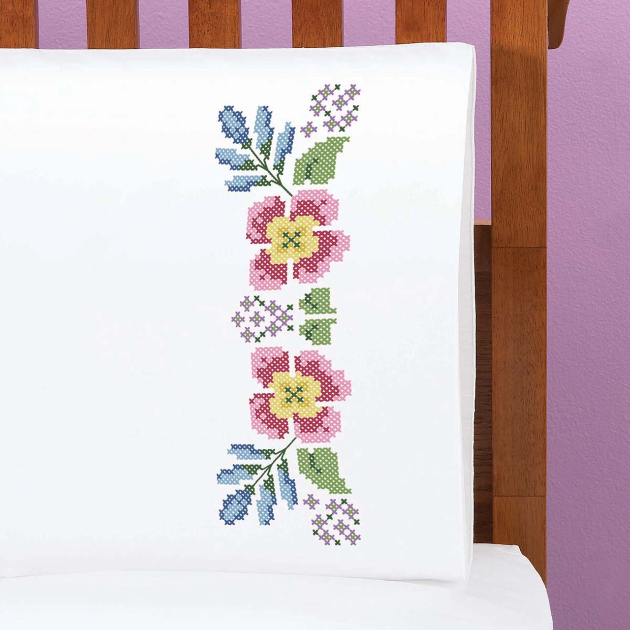 Herrschners Prairie Florals Pillowcase Pair Stamped Cross-Stitch